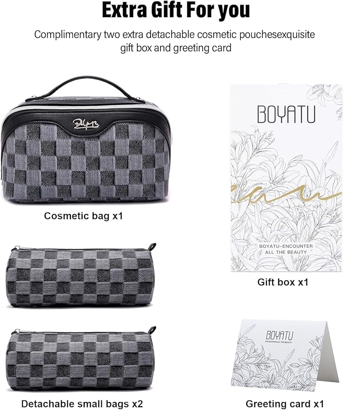 BOYATU Travel Makeup Bag for Women: Large Cosmetic Bag Set of 3 - PU Leather Make up Bag with Compartments - Compact Waterproof Toiletry Bag with Divider & Handle (D-2-Black)