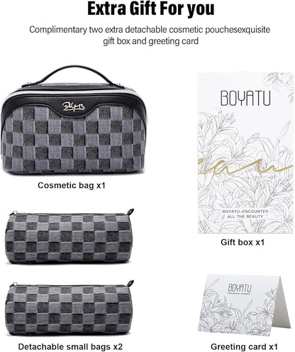 BOYATU Travel Makeup Bag for Women: Large Cosmetic Bag Set of 3 - PU Leather Make up Bag with Compartments - Compact Waterproof Toiletry Bag with Divider & Handle (D-2-Black)