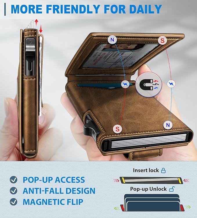 Airtag Wallet for Men,with Money Clip Gift Boxed,Slim Front Pocket Wallet RFID Blocking Metal Case Smart Pop-up Credit Card Holder in Magnetic Leather Flip
