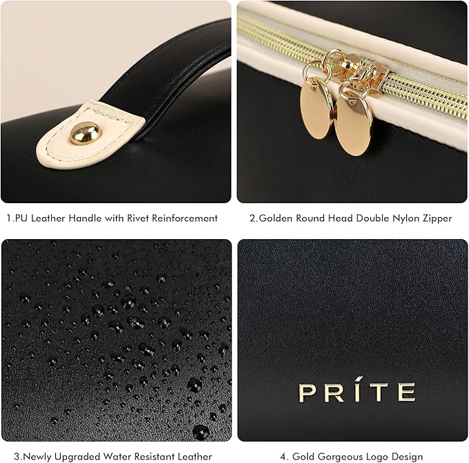 Prite Makeup Bag for Women Travel Waterproof Vegan Leather Cosmetic Bag Open Flat Toiletry Bag With Clear Divider and Handle (Large Black)