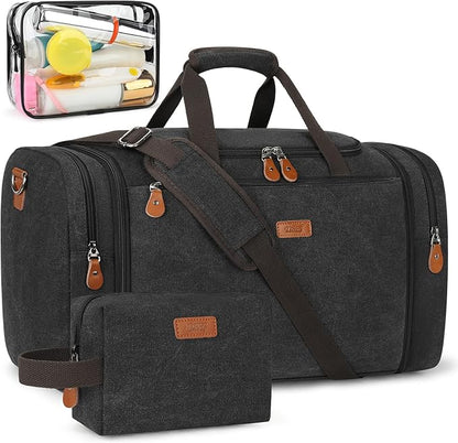 Canvas Mens Duffle Bag for Travel - Expandable 50L Weekender Bags with Toiletry Bag, Overnight Bag Travel Duffel Carry On Luggage with Removable Shoulder Strap, Durable & Water-Resistant