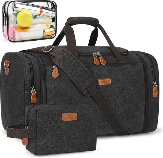 Canvas Mens Duffle Bag for Travel - Expandable 50L Weekender Bags with Toiletry Bag, Overnight Bag Travel Duffel Carry On Luggage with Removable Shoulder Strap, Durable & Water-Resistant