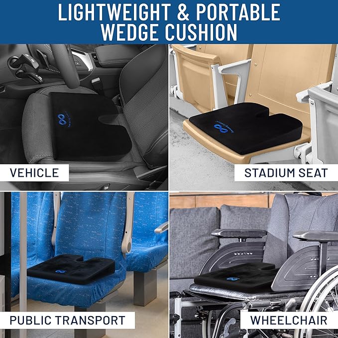 Everlasting Comfort Car Seat Cushion for Driving - Wedge Car Cushion for Office, Travel, Gaming Chair Memory Foam Driver Booster for Short People, Non-Slip, Washable Cover, Back & Sciatica Relief