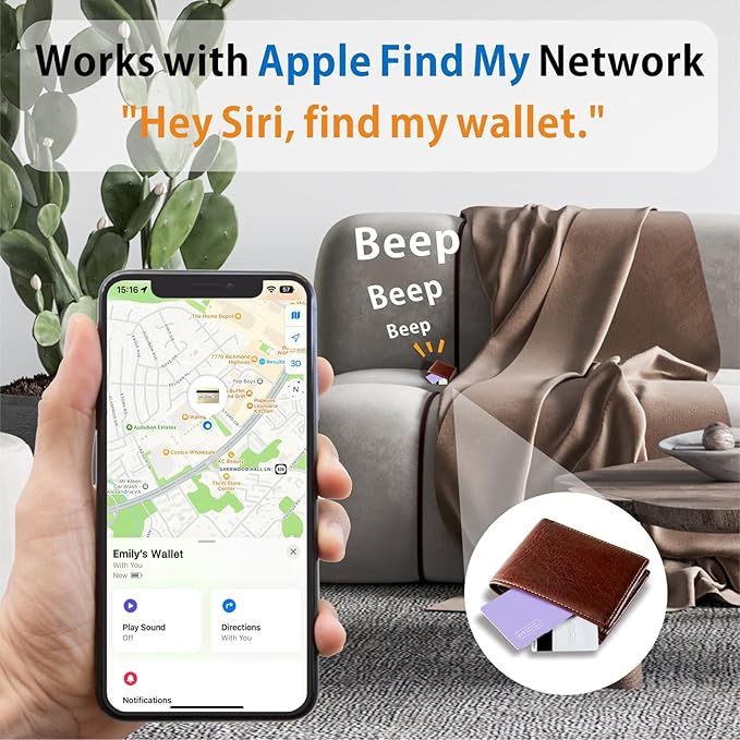 Eelexa Wallet Tracker Card, Rechargeable Thin Finder, Works with Apple Find My (iOS Only), Item Locator for Luggage Tags, Passports, Phone, IP68 Waterproof, Purple 2 Pack