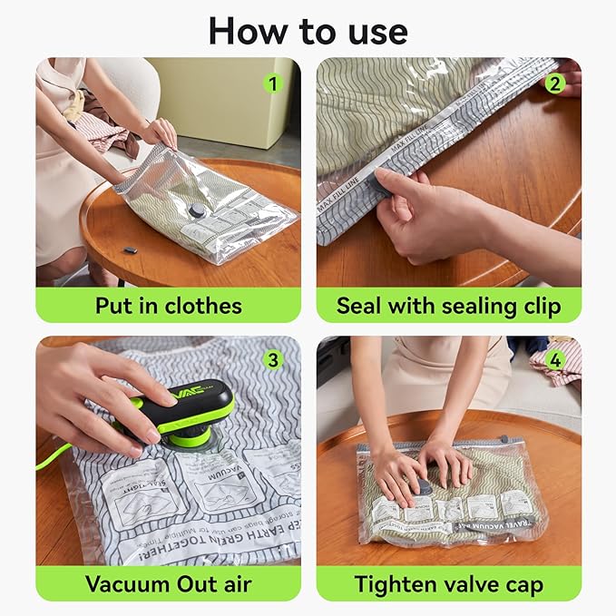 Vacuum Bags for Travel with USB and TYPE C Pump, 15 Pack Carry-on Size Compression Packing Bags for Luggage and Suitcase, Space Saver for Clothes and Clothing Travel（Green）