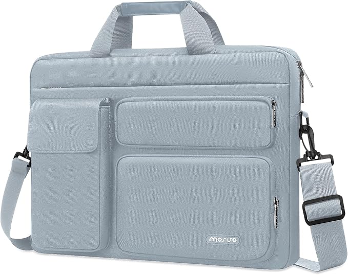 MOSISO Laptop Shoulder Bag 15.6 inch, 15-15.6 inch Computer Bag Compatible with MacBook Pro 16 inch, HP, Dell, Lenovo, Notebook with 2 Raised&1 Flapover&1 Horizontal Pocket&Handle&Belt, Baby Blue