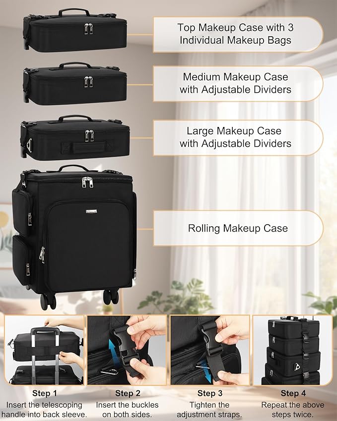 Relavel Rolling Makeup Case, 4 in 1 Hairstylist Traveling Bag Cosmetology Case on Wheels Large Hair Tools Cosmetics Train Case Makeup Artist Storage Organizer Trolley Suitcase with 360° Swivel Wheels