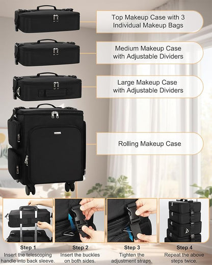 Relavel Rolling Makeup Case, 4 in 1 Hairstylist Traveling Bag Cosmetology Case on Wheels Large Hair Tools Cosmetics Train Case Makeup Artist Storage Organizer Trolley Suitcase with 360° Swivel Wheels