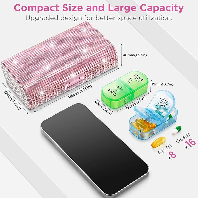 Zannaki Bling Metal XL Weekly Pill Organizer 2 Times a Day, Large Travel Daily Pill Box 7 Day, Portable Week Twice Pill Holder Container, AM PM Pill Case for Medicine Vitamin Medication Supplement
