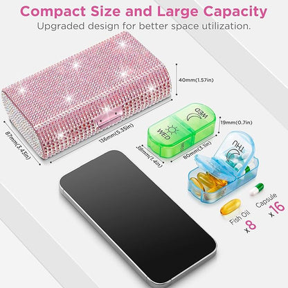 Zannaki Bling Metal XL Weekly Pill Organizer 2 Times a Day, Large Travel Daily Pill Box 7 Day, Portable Week Twice Pill Holder Container, AM PM Pill Case for Medicine Vitamin Medication Supplement