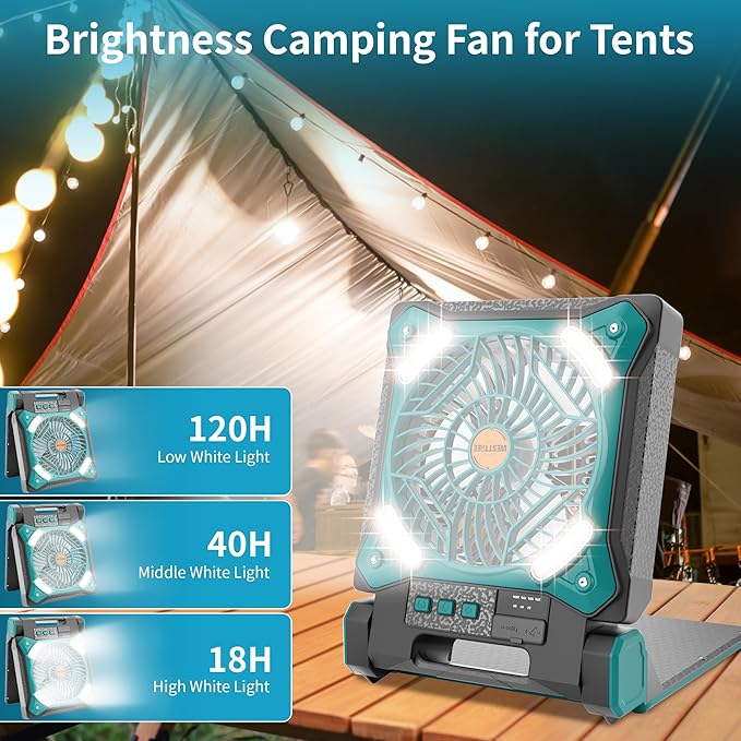 Solar Fan Battery Powered Rechargeable Solar Camping Fan with Led Lantern & Power Bank Foldable Angle USB Personal Fans for Travel Outdoor Camping Tents X98 Cyan