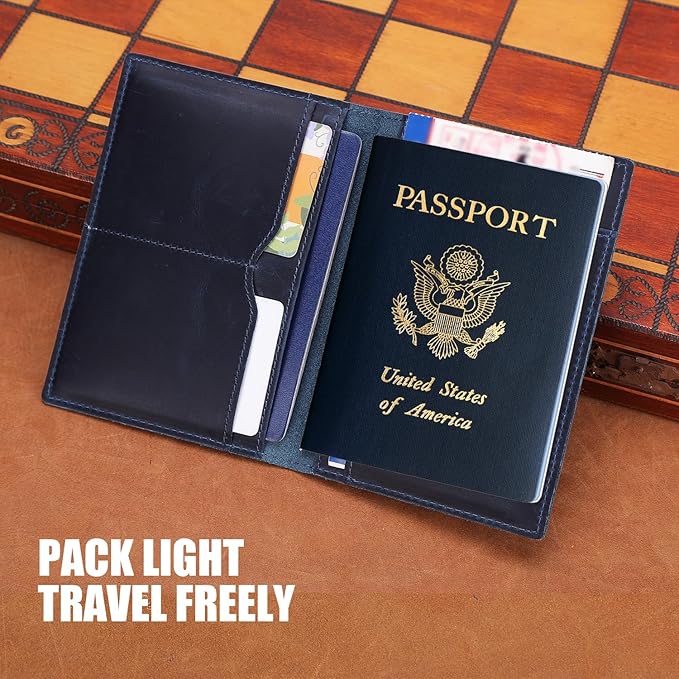 STAR VISTA Albatross Leather Travel Passport Holder, Minimalist Design, Full Grain Leather Case for Women and Men - Slim Passport Wallet, Bifold, RFID Blocking, with AirTag Holder, Navy Blue
