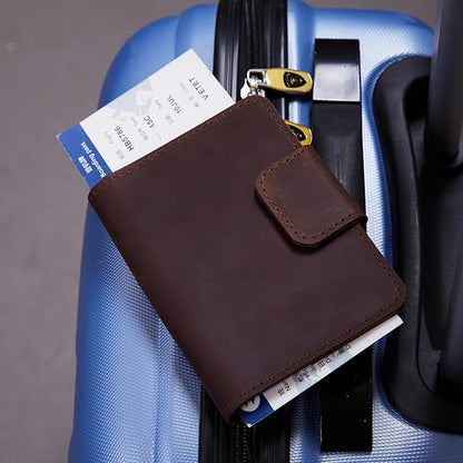 Brown Leather Passport Holder for Travel Men - Passport Wallets Compatible with Airtag Passports Wallet with Card Slots & Note Compartment, Magnetic Closure, Genuine Leather Crazy Horse, Vintage Brown