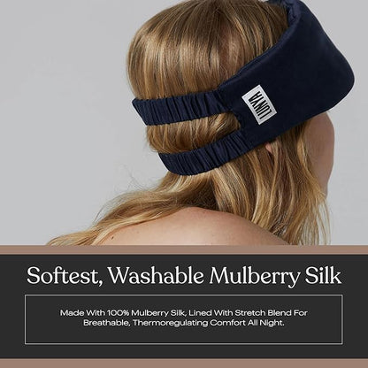 Lunya Weighted Silk Sleep Mask – Mulberry Silk Eye Cover with Cooling Glass Beads, Noise-Reducing Fit, Washable Fabric, and Travel Pouch – Sleeping Mask for Men and Women - Deep Blue - Small