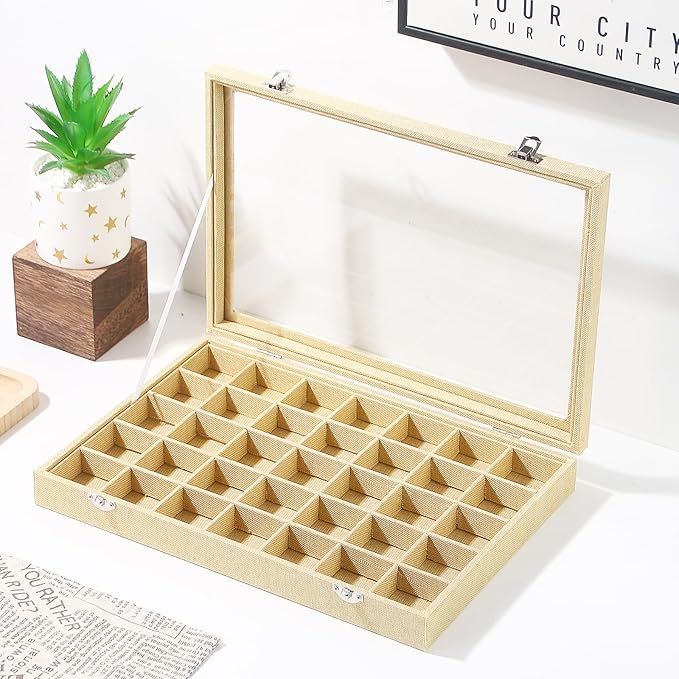Coward Ring Earring Jewelry Organizer Box, 35 Grids Dustproof Display Holder Case, Yellow Linen Velvet Jewelry Bead Display Tray Case with Transparent Glass Lid for Momen Girls
