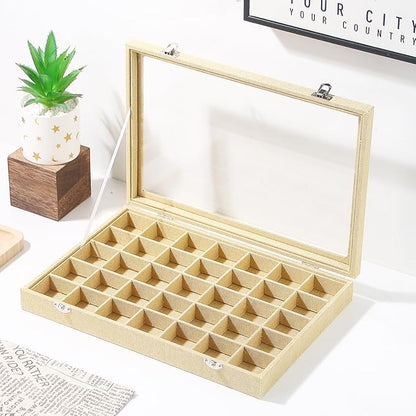 Coward Ring Earring Jewelry Organizer Box, 35 Grids Dustproof Display Holder Case, Yellow Linen Velvet Jewelry Bead Display Tray Case with Transparent Glass Lid for Momen Girls