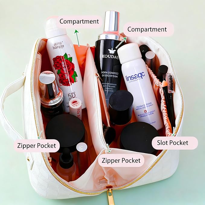 Cosmetic Bag,Travel Makeup Bag, Large Capacity Cosmetic Bags for Women, Waterproof Portable Open Flat Toiletry Bags,Makeup Organizer Bag with Divider and Handle, Cosmetic Pouch Gifts for Women (White)