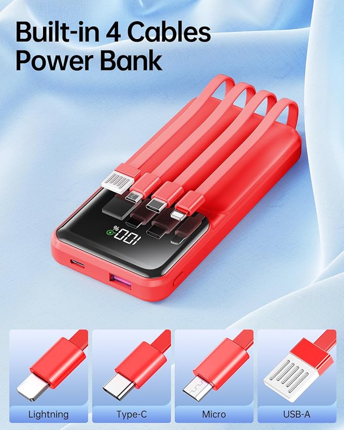 Portable Charger with Built in Cable - 22.5W Power Bank Fast Charging USB C 10000mAh LED Display Travel Battery Pack 5 Outputs & 3 Inputs for iPhone Samsung Android iPad Phones Tablets etc