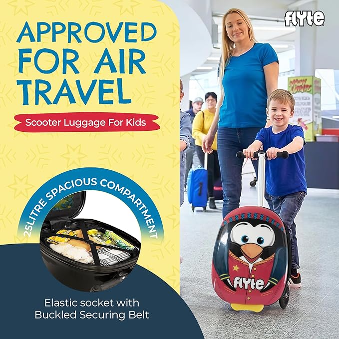 Flyte Perry The Penguin Scooter Suitcase - Rideable, Carry on Compliant 2-in-1 Children's Suitcases, 18 inch Ride on Suitcase for Kids, 25 Litre Capacity Kids' Luggage on Wheels for Children Aged 4+