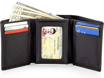 Stealth Mode Trifold Wallet - RFID Blocking Wallet with Flip ID Holder - Leather Case for Money, Credit Cards - Mens Organizer, Divided Billfold, Identity Protection - Men's Gifts (Carbon Fiber)
