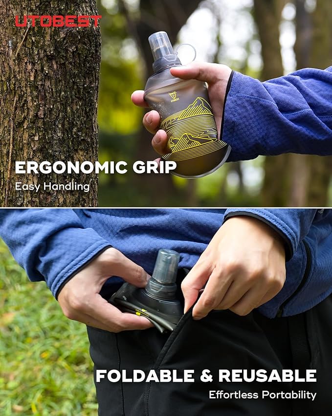 200ml Soft Flask, 2 Pack Flexible TPU Hydration Water Bottle, Collapsible with 28mm Caliber for Running, Hiking, Cycling, Climbing, and Marathon Yellow