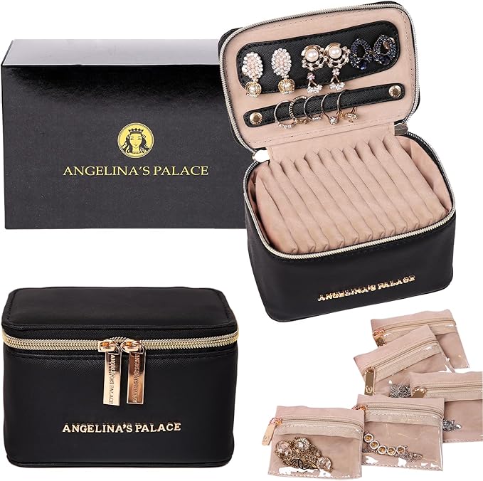 Angelina's Palace Jewelry Organizer Case Bridesmaid Gifts Travel Bag Vegan Leather Box for Necklace Earring Bracelet Ring(black)