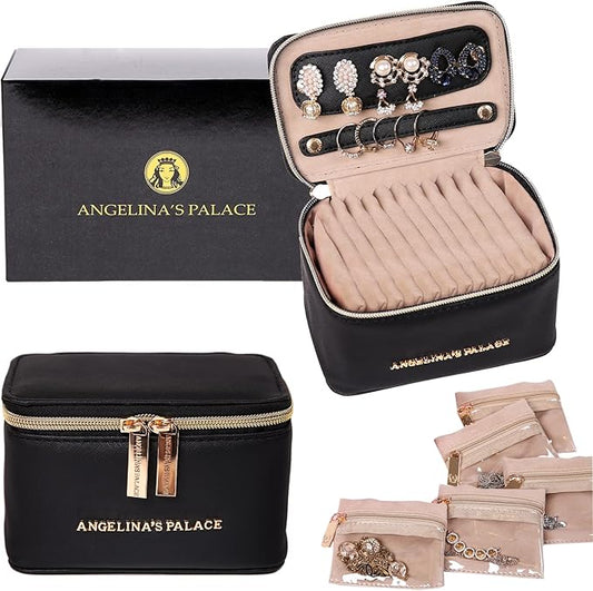 Angelina's Palace Jewelry Organizer Case Bridesmaid Gifts Travel Bag Vegan Leather Box for Necklace Earring Bracelet Ring(black)