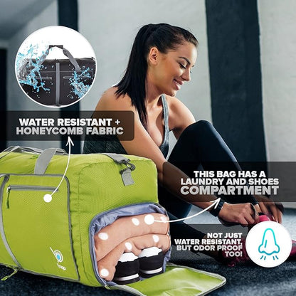 Bago Large Foldable Duffel Bags for Traveling Women & Men - 120L Packable Duffle Bag for Travel with Shoe Compartment - Water Repellant, Heavy Duty, Lightweight Folding & Collapsible (Green)
