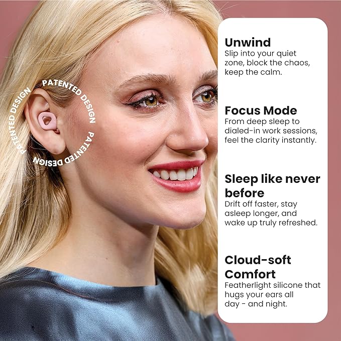 Zenz Unwind Ear Plugs for Sleeping Noise Reduction - Comfy Reusable Soft Silicone Earplugs for Focus, Study, Work - 8 Pair Eartips in XS/S/M/L - 27dB Hearing Protection with Storage Case - Mystic Pink