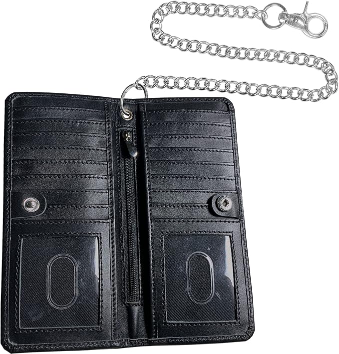 CLASSIC Motorcycle Chain Wallet for Men – Premium Cowhide Leather, RFID Bi-Fold Biker Wallet with Heavy Duty Chain for Bikers Truckers & Hunters, Credit Card Money Organizer Long Wallet Aniline Black
