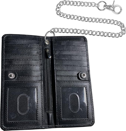 CLASSIC Motorcycle Chain Wallet for Men – Premium Cowhide Leather, RFID Bi-Fold Biker Wallet with Heavy Duty Chain for Bikers Truckers & Hunters, Credit Card Money Organizer Long Wallet Aniline Black