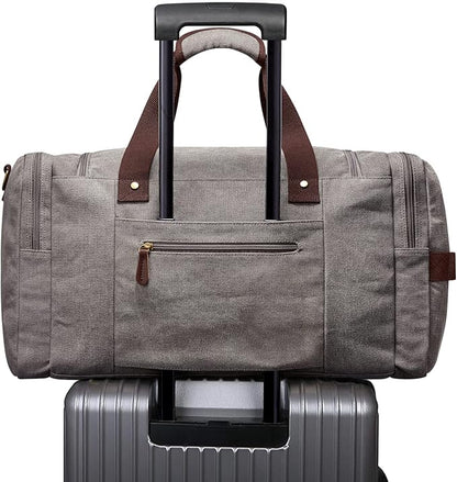 S-ZONE 65L Expandable Canvas Duffle Bag Travel Overnight Holdall Weekend Bag with Shoes Compartment Large Carry On Bag Tote Gym Bag for Men Women, Light Gray, X-Large, Travel Duffle