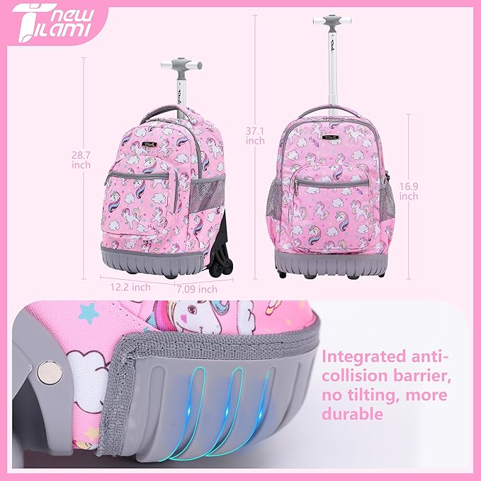 NEW TILAMI Rolling Backpack 16 Inch Wheeled Laptop Backpack with Wheels for Girls Boys School, Cute Unicorn
