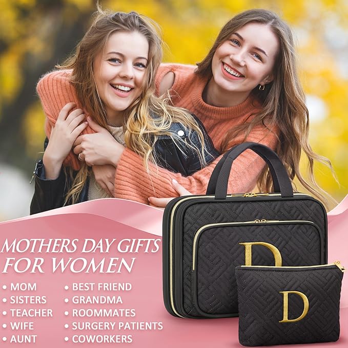 Gifts for Women, Initial Toiletry Makeup Bag Hanging Cosmetic Organizer with Embroidery Letter Personalized Nurse Teacher Appreciation Gift Birthday Christmas Gifts for Mom Sister Wife Friend Auntie