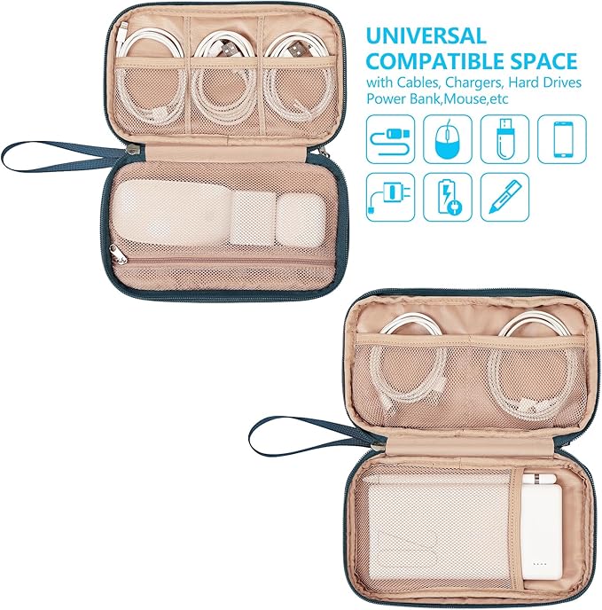 NISHEL Travel Cord Organizer Case, Double Layers Tech Electronic Bag, Essentials for Charger, Cable, Phone, Flash drive, Medium, Lake-Blue