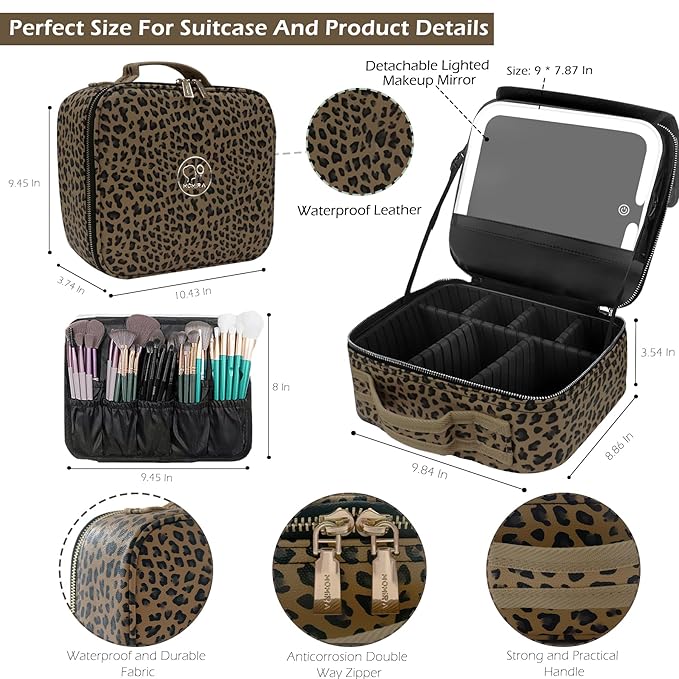 Travel Makeup Bag Cosmetic Bag Makeup Organizer Bag with Lighted Mirror, Adjustable Brightness in 3 Color Scenarios, Waterproof Makeup Train Case, Gift for Women - Leopard Brown