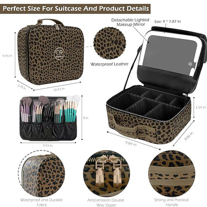 Travel Makeup Bag Cosmetic Bag Makeup Organizer Bag with Lighted Mirror, Adjustable Brightness in 3 Color Scenarios, Waterproof Makeup Train Case, Gift for Women - Leopard Brown