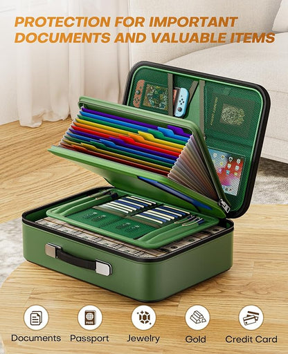 Fireproof Document Box, Hard Case Fireproof Document Organizer with Lock, Water Resistant Safe Box for Important Documents Certificates Laptop Passports, Green