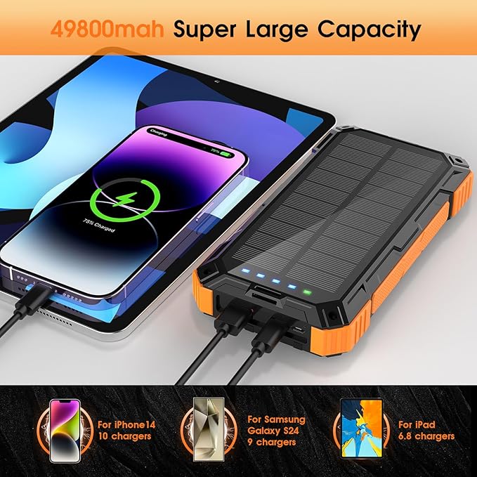 Solar Power Bank,49800mAh Wireless Portable Phone Charger with Built-in 4 Cables,22.5W Fast Charging External Battery Pack PD 3.0 USB-C In/Output for iPhone,iPad,Android,Perfect for Camping, Hiking