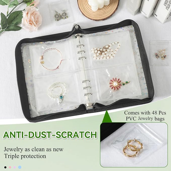 Jewelry Organizer Case Travel Clear Earring Organizer Case Transparent Jewelry Storage Book with Clear Zippered Jewelry Pouch (Black, with 48 Pcs large Jewelry Pouches)