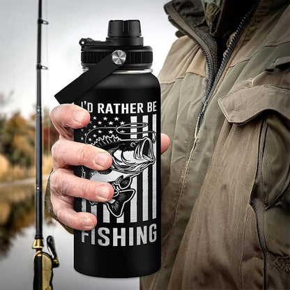 Fishing Water Bottle - 32oz Stainless Steel Insulated Bottles with lid - Deer Fishing Gifts for Fisherman Papa Dad Husband - Gift for Christmas Birthday Fathers Day