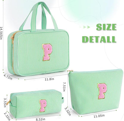 Monogram Cute Initial Toiletry Makeup Bag - Personalized Cosmetic Toiletry Pouch Make Up Case for Women,Her Friend,Sister,Teacher,Birthday Gifts - Green P