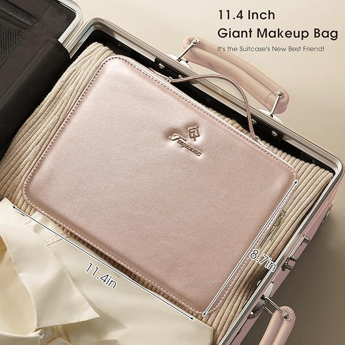 Leather Makeup Case with LED Lighted Mirror 11.4 Inch Travel Makeup Bag Adjustable Brightness in 3 Colors Cosmetic Organizer Artist Storage Bag with Dividers Brush Holder Bag Vanity Champagne Gold