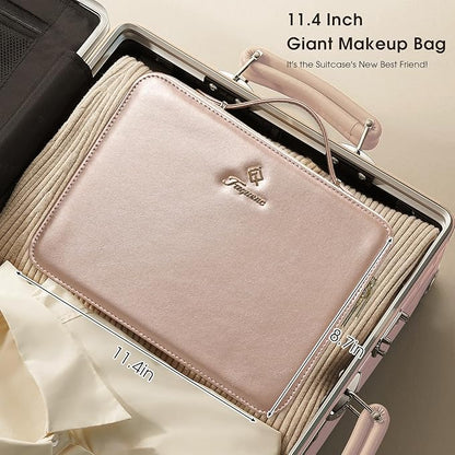 Leather Makeup Case with LED Lighted Mirror 11.4 Inch Travel Makeup Bag Adjustable Brightness in 3 Colors Cosmetic Organizer Artist Storage Bag with Dividers Brush Holder Bag Vanity Champagne Gold