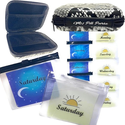 Am Pm Pill Organizer 7 Day Black/White Faux Snake Skin Medicine Storage Case Size 5.5 X 4 X 1.75 in. Med Wallet 14 Reusable Small Pill Baggies 3x4 in. Pill Pouches for Medicine, Days of The Week