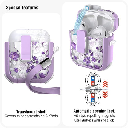 WENEW Case for AirPods 1 & 2 Case Cover Secure Lock Automatic Snap Switch Clip Cleaner Kit Lanyard Women Stylish Flower Hard Shell Full Body (Purple, AirPods 1st & 2nd)