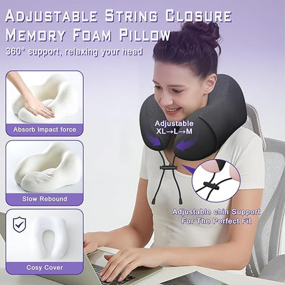 Neck Travel Pillow, Upgraded Memory Foam Pillow for Airplane, Machine Washable, Adjustable Flight Pillow, Suitable for Sleeping Airplane, Car, Office and Home (Black)