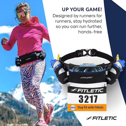 Fitletic Hydration Running Belt with Water Bottles for Men & Women – 2 Quick Flow 8oz Running Water Bottles, Patented Bounce Free Design, Water Resistant Pouch Fits All Phones – Hydra 16