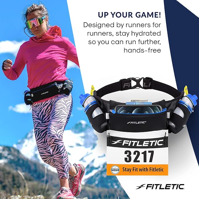 Fitletic Hydration Running Belt with Water Bottles for Men & Women – 2 Quick Flow 8oz Running Water Bottles, Patented Bounce Free Design, Water Resistant Pouch Fits All Phones – Hydra 16