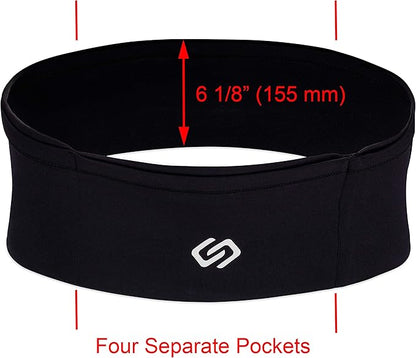 Sporteer VersaMax Running Belt, Travel Belt, Workout Waist Pack - Large Security Pockets Fit All Smartphones, Money, Passport, and Other Valuable Items (Black, Small)